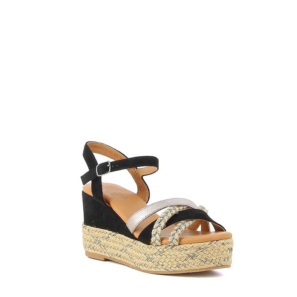 Tongs femme compensées à brides multicolores noir
